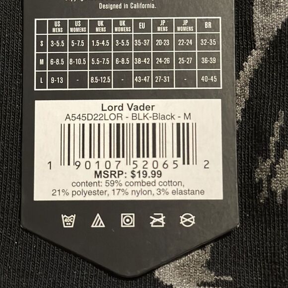 STAR WARS LORD VADER CASUAL SIZE MEDIUM UNISEX SOCKS CASUAL IN BLACK NWT - Picture 6 of 6